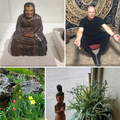 Four images showing diverse statues and a man interacting with them in casual settings.